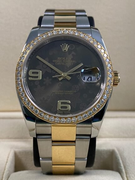 Rolex Datejust 36 - 2019 - Factory Diamond Bezel Chocolate Floral Dial - 116243 *FULL SET*